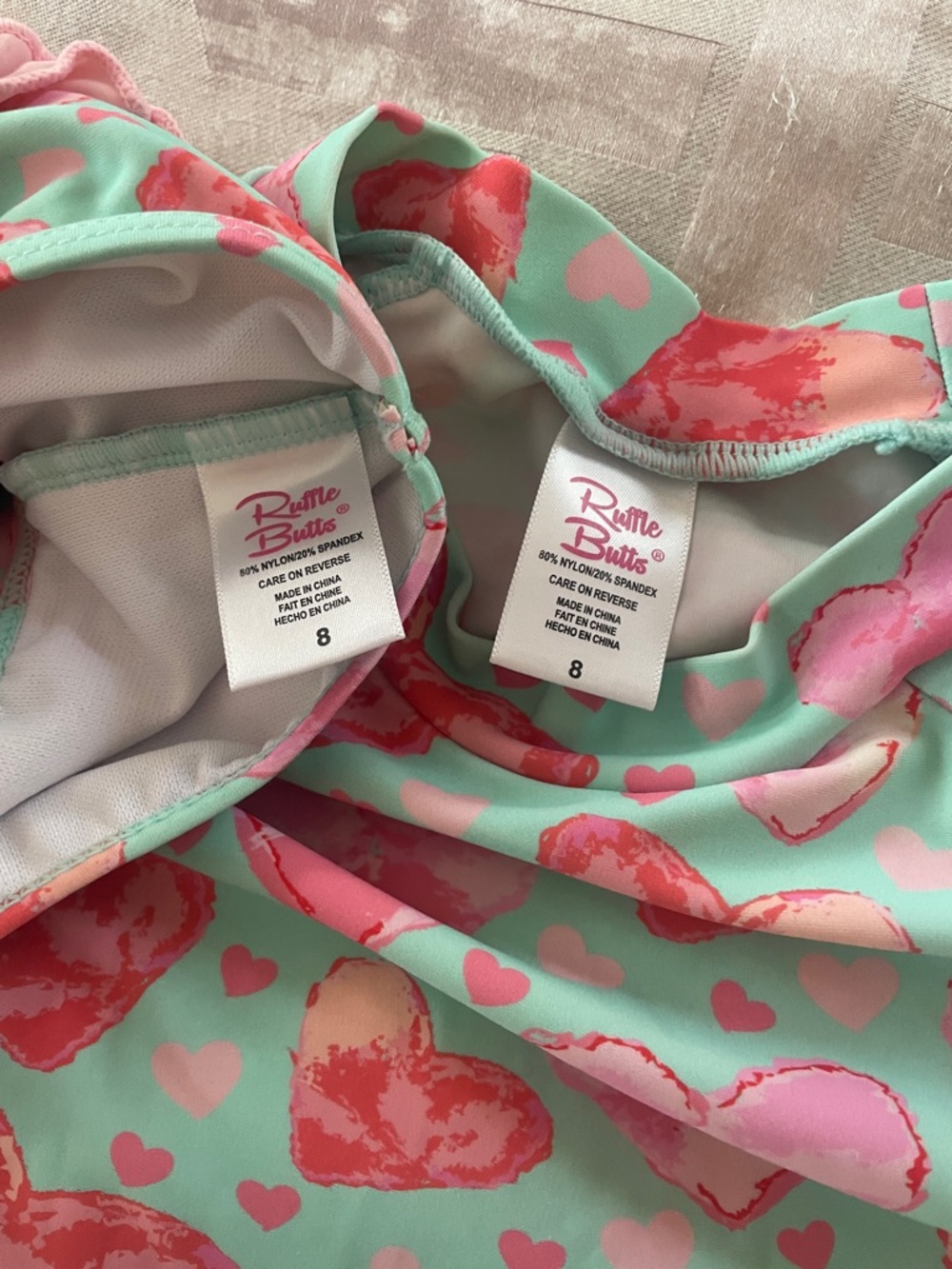 Rufflebutts Girls Mint Heart Rash Guard Set with Pink Ruffles size 8 two piece - Picture 6 of 6